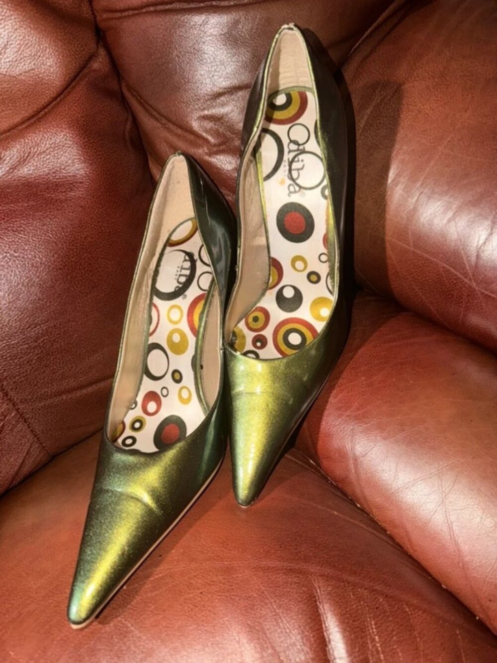 Qupid Metallic Green Gold Pointed Toe Stiletto Pumps Y2K Women’s 6.5 M